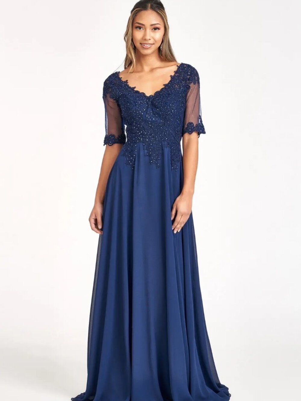 NEW NAVY Chiffon & Mesh Evening Gown Floor Length Formal Elegant GL1982